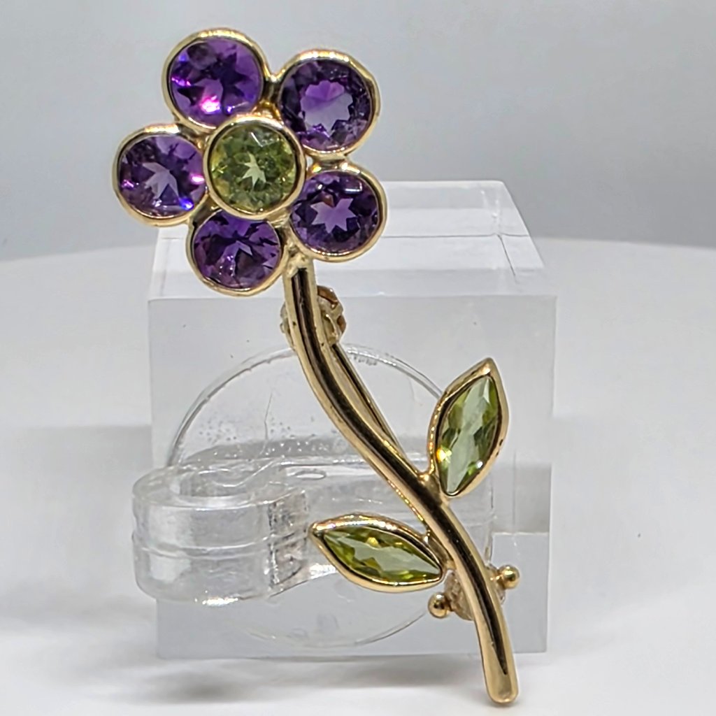 Vintage 14k Yellow Gold Purple Green Gemstones Flower Beautiful Pin Brooch 1.7 G